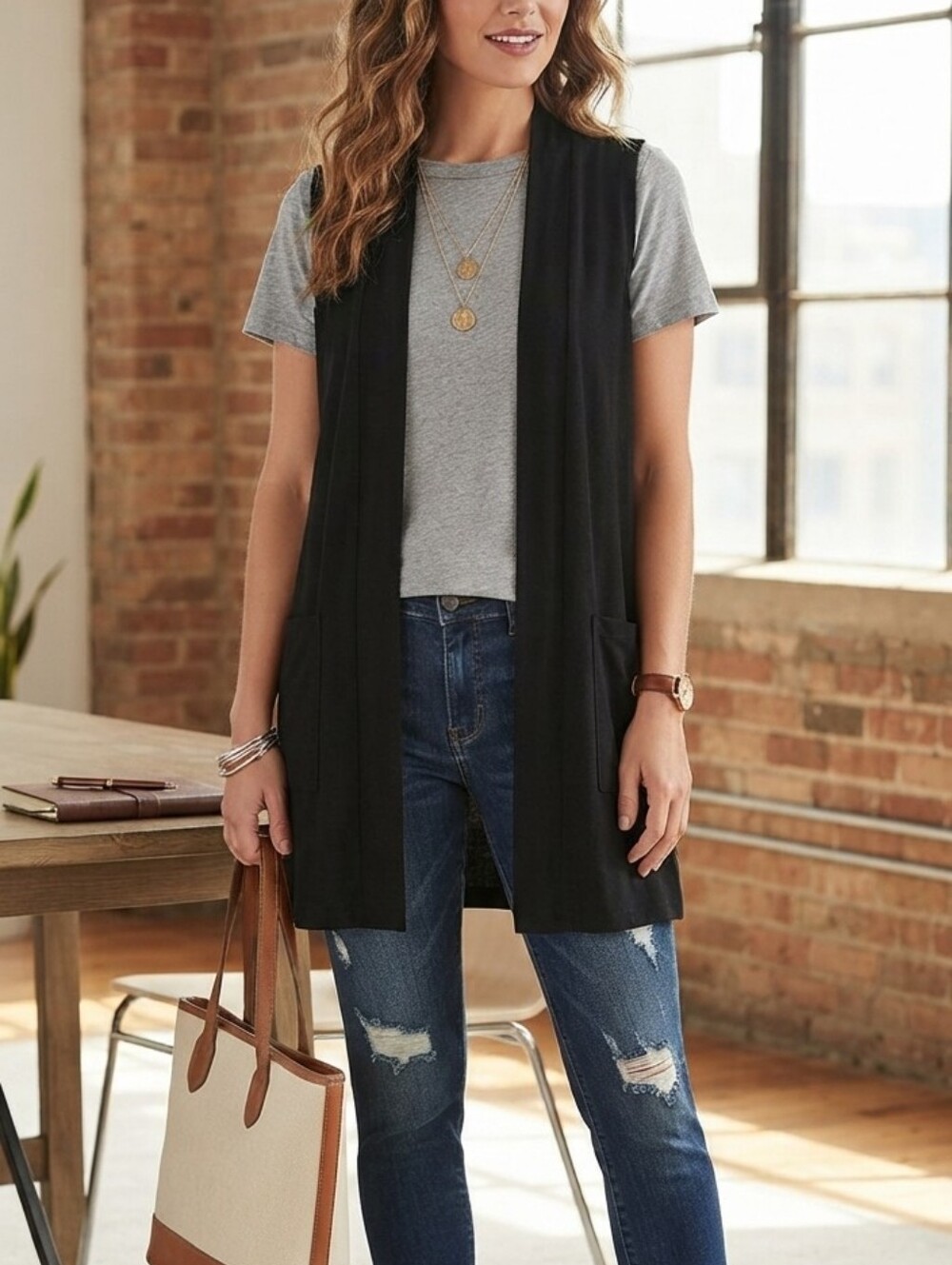 Antthony Originals Black Sleeveless Duster Cardigan w/ Pockets Size Medium